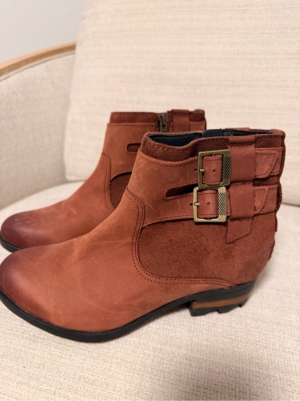 Sorel Lola Brown Suede Ankle Booties with Double Buckles